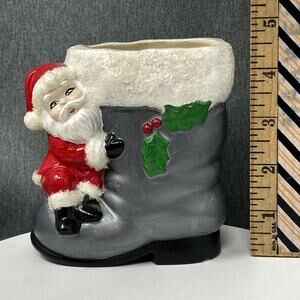 Vintage 1977 Santa Boot Planter Ceramic Hobbyist Mica Faux Snow Christmas Decor